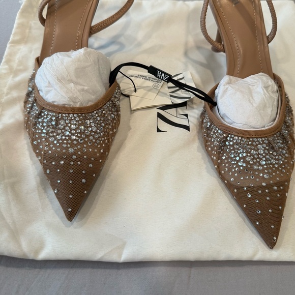 Zara Brown Rhinestone Pointed-Toe Slingback Heels - Picture 2 of 4